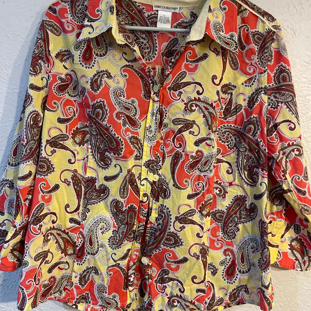 Rebecca Malone Yellow & Red Paisley Cotton Button-Up